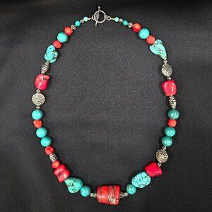 Handcrafted Artisan Turquoise, Coral Gemstone and Silver Necklace